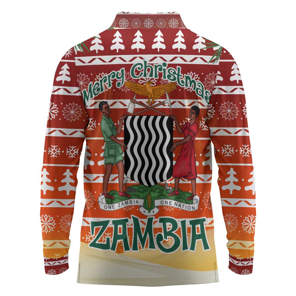 Zambia Christmas Long Sleeve Polo Shirt African Animals Tree Snowflakes and National Emblem - African Pride