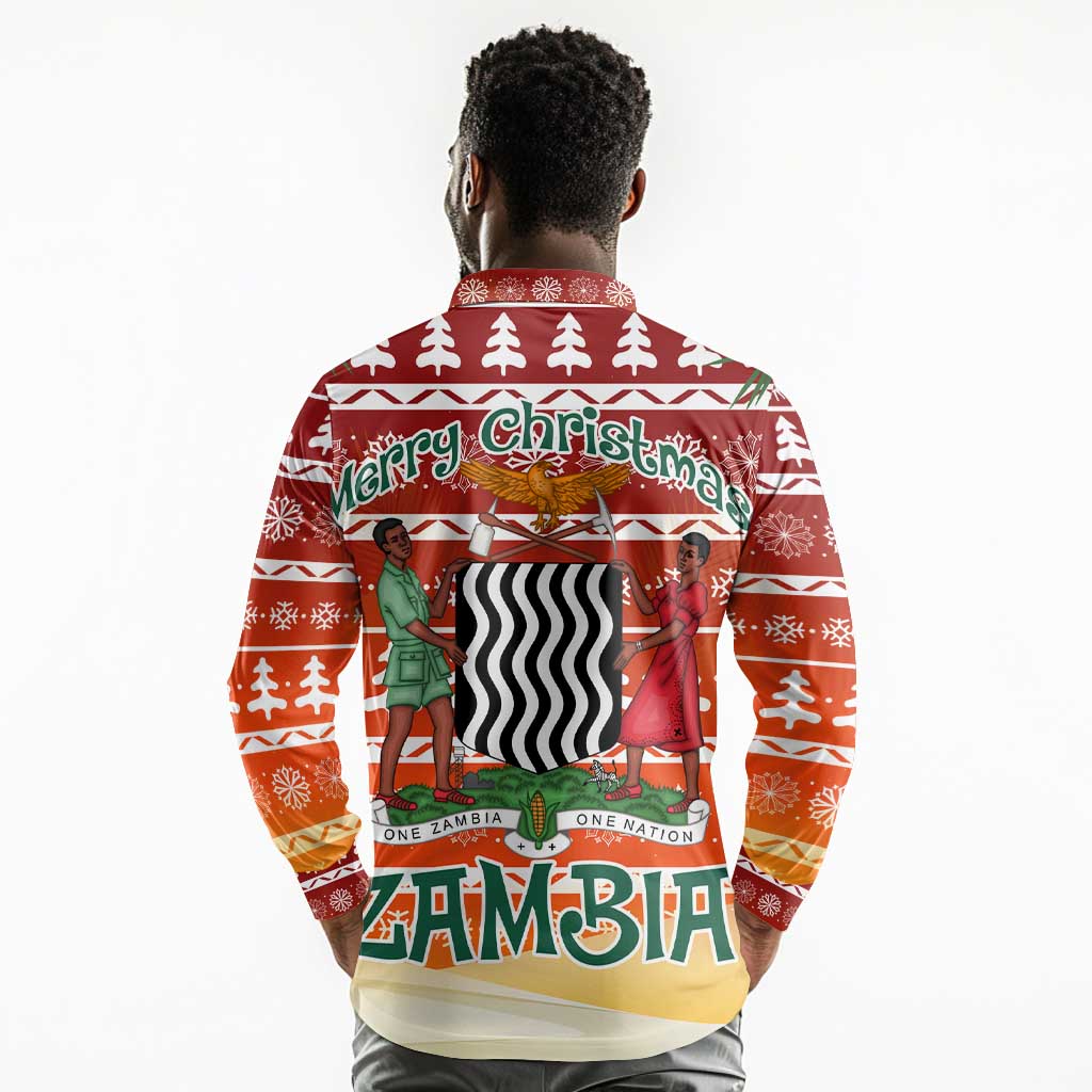 Zambia Christmas Long Sleeve Polo Shirt African Animals Tree Snowflakes and National Emblem - African Pride