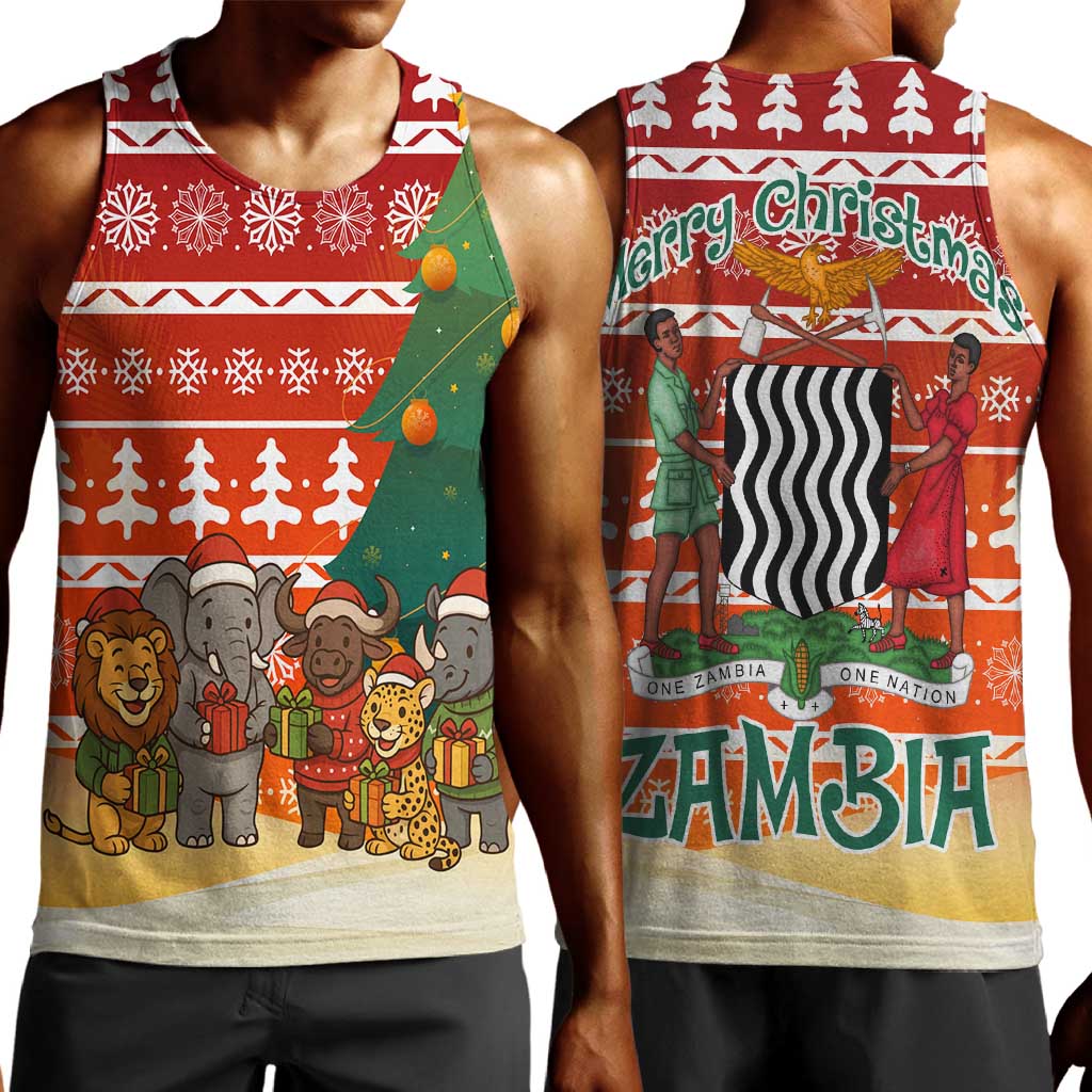 Zambia Christmas Men Tank Top African Animals Tree Snowflakes and National Emblem - African Pride