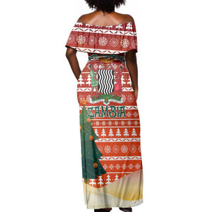 Zambia Christmas Off Shoulder Maxi Dress African Animals Tree Snowflakes and National Emblem - African Pride