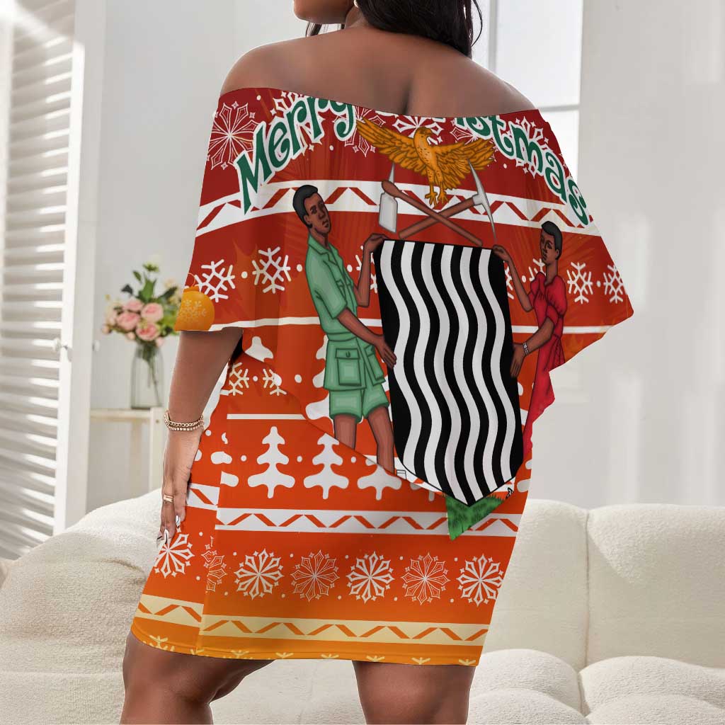 Zambia Christmas Off Shoulder Short Dress African Animals Tree Snowflakes and National Emblem - African Pride