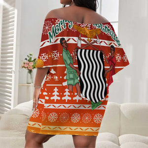 Zambia Christmas Off Shoulder Short Dress African Animals Tree Snowflakes and National Emblem - African Pride