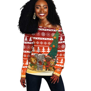 Zambia Christmas Off Shoulder Sweater African Animals Tree Snowflakes and National Emblem - African Pride