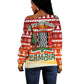 Zambia Christmas Off Shoulder Sweater African Animals Tree Snowflakes and National Emblem - African Pride