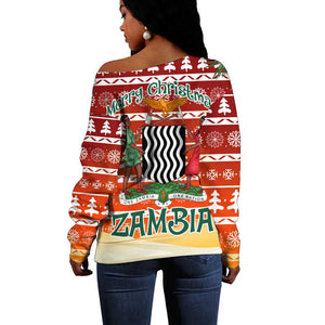 Zambia Christmas Off Shoulder Sweater African Animals Tree Snowflakes and National Emblem - African Pride