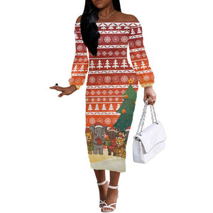 Zambia Christmas Off The Shoulder Long Sleeve Dress African Animals Tree Snowflakes and National Emblem - African Pride