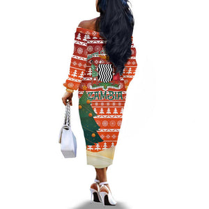 Zambia Christmas Off The Shoulder Long Sleeve Dress African Animals Tree Snowflakes and National Emblem - African Pride