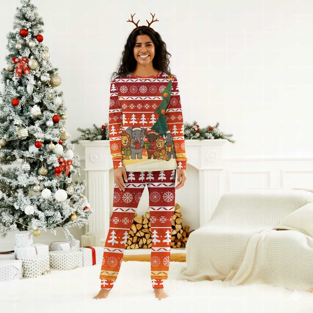 Zambia Christmas Pajama Set African Animals Tree Snowflakes and National Emblem - African Pride
