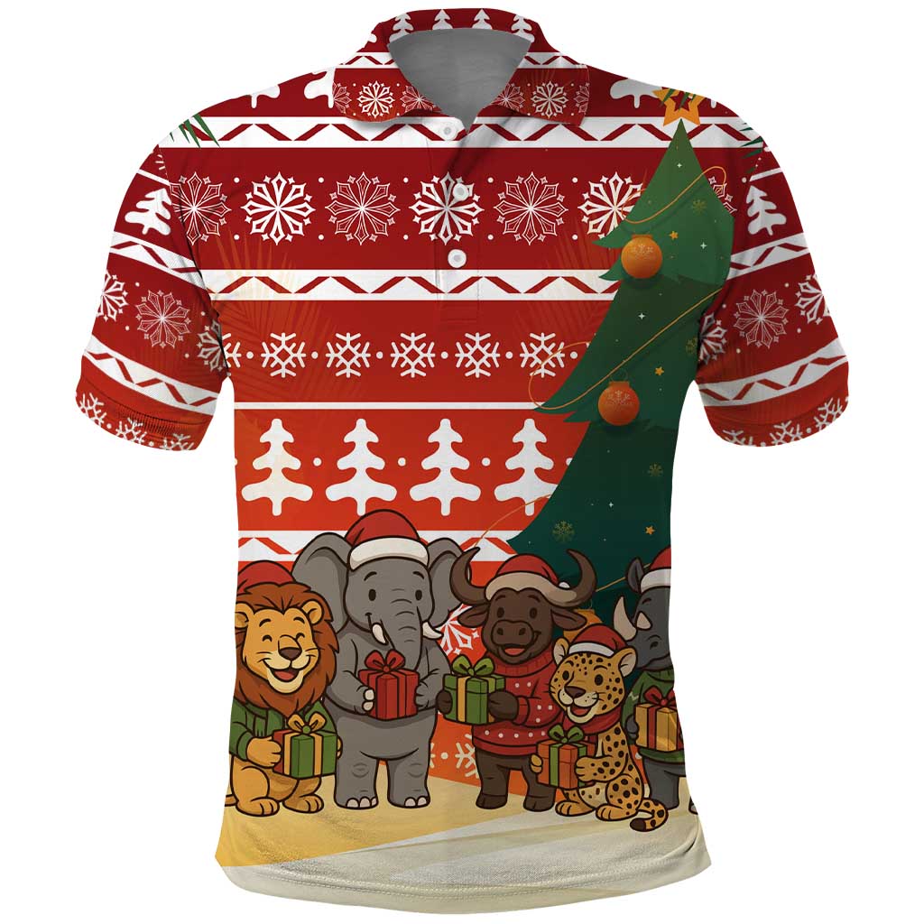 Zambia Christmas Polo Shirt African Animals Tree Snowflakes and National Emblem - African Pride