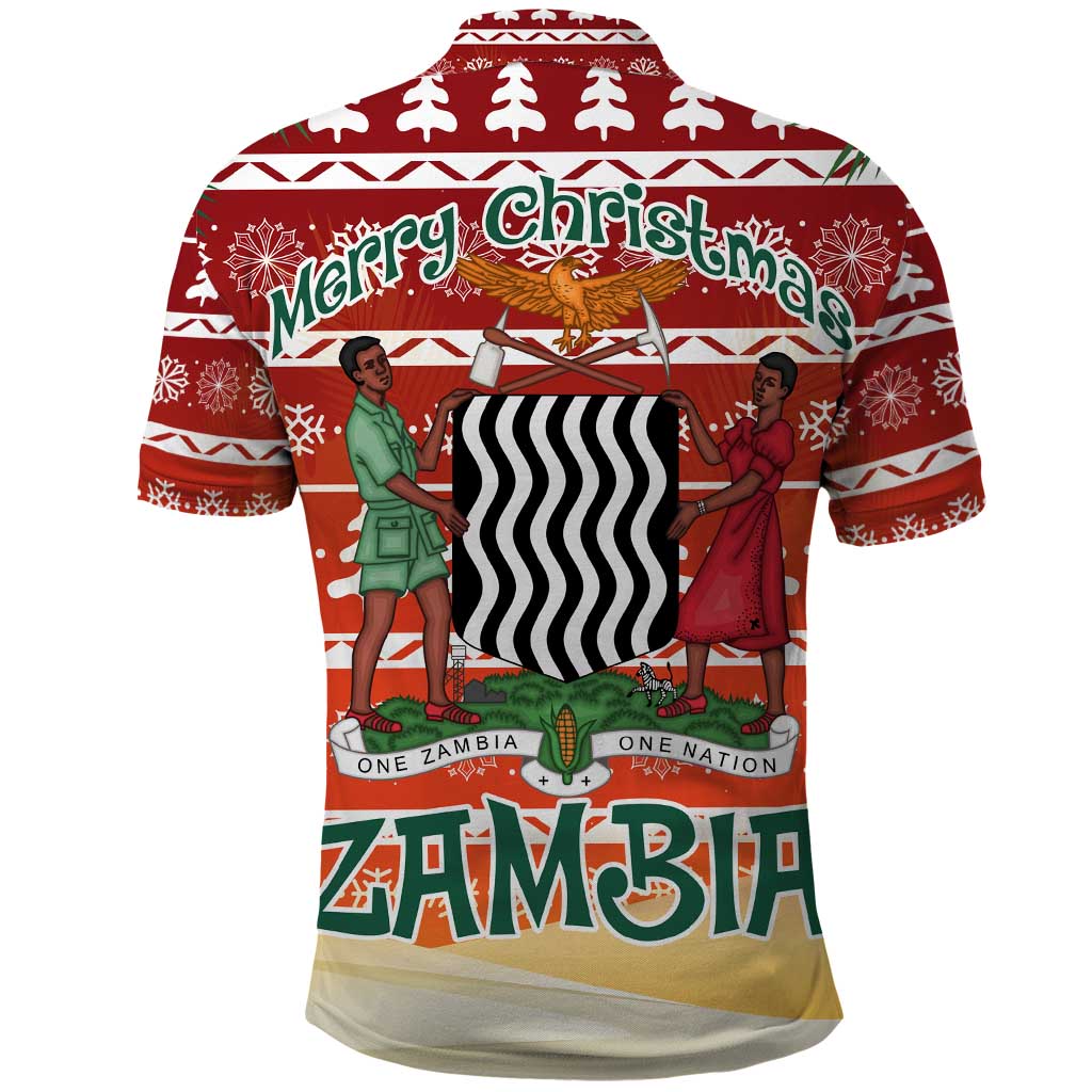 Zambia Christmas Polo Shirt African Animals Tree Snowflakes and National Emblem - African Pride