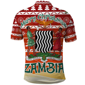 Zambia Christmas Polo Shirt African Animals Tree Snowflakes and National Emblem - African Pride