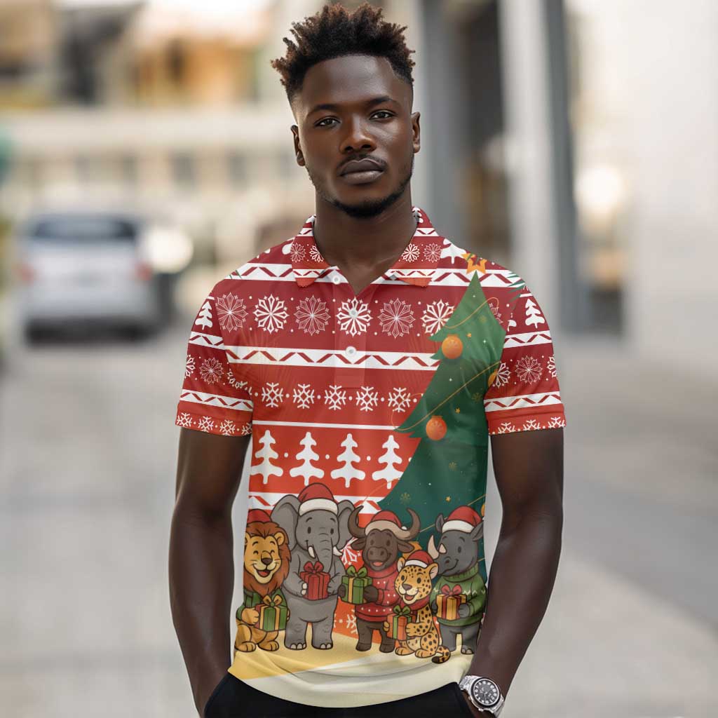 Zambia Christmas Polo Shirt African Animals Tree Snowflakes and National Emblem - African Pride