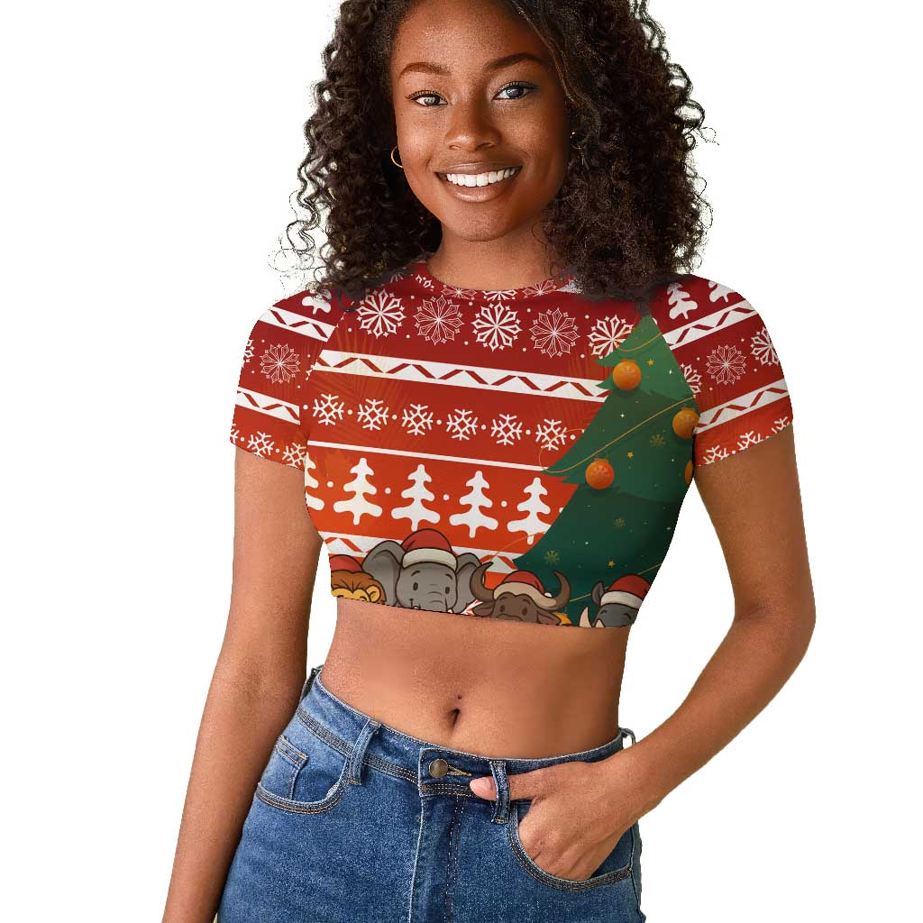Zambia Christmas Raglan Cropped T shirt African Animals Tree Snowflakes and National Emblem - African Pride