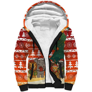 Zambia Christmas Sherpa Hoodie African Animals Tree Snowflakes and National Emblem - African Pride