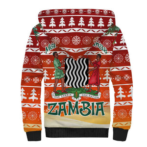 Zambia Christmas Sherpa Hoodie African Animals Tree Snowflakes and National Emblem - African Pride
