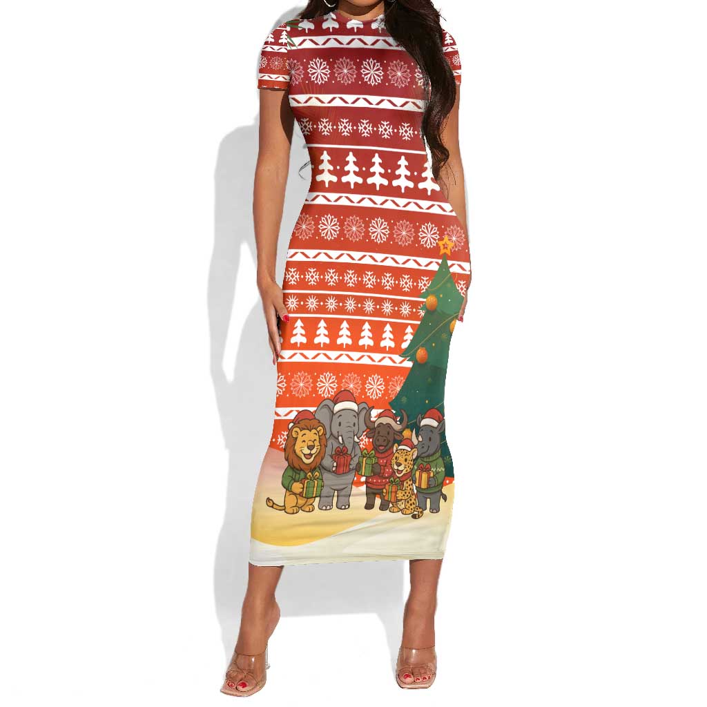 Zambia Christmas Short Sleeve Bodycon Dress African Animals Tree Snowflakes and National Emblem - African Pride