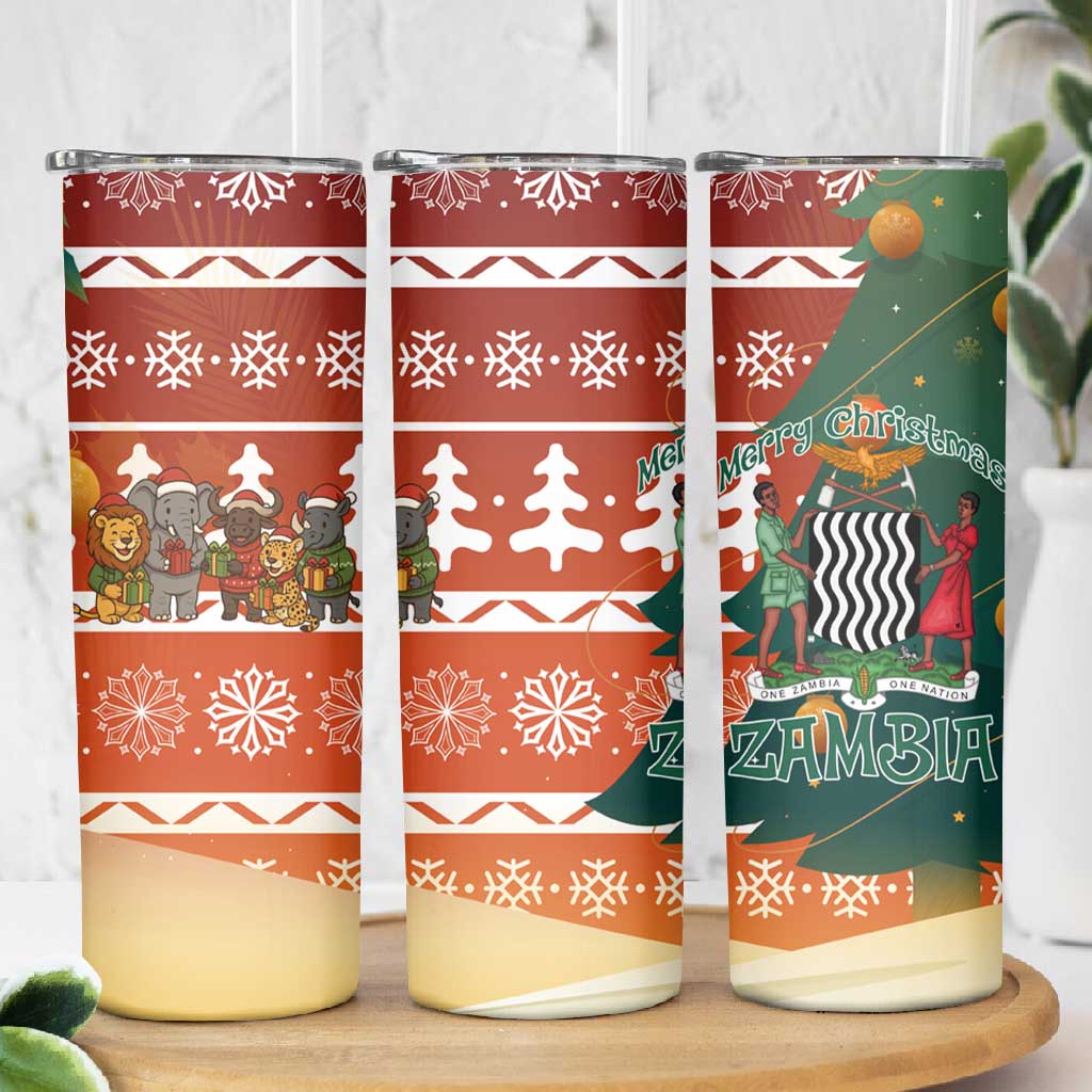 Zambia Christmas Skinny Tumbler African Animals Tree Snowflakes and National Emblem - African Pride