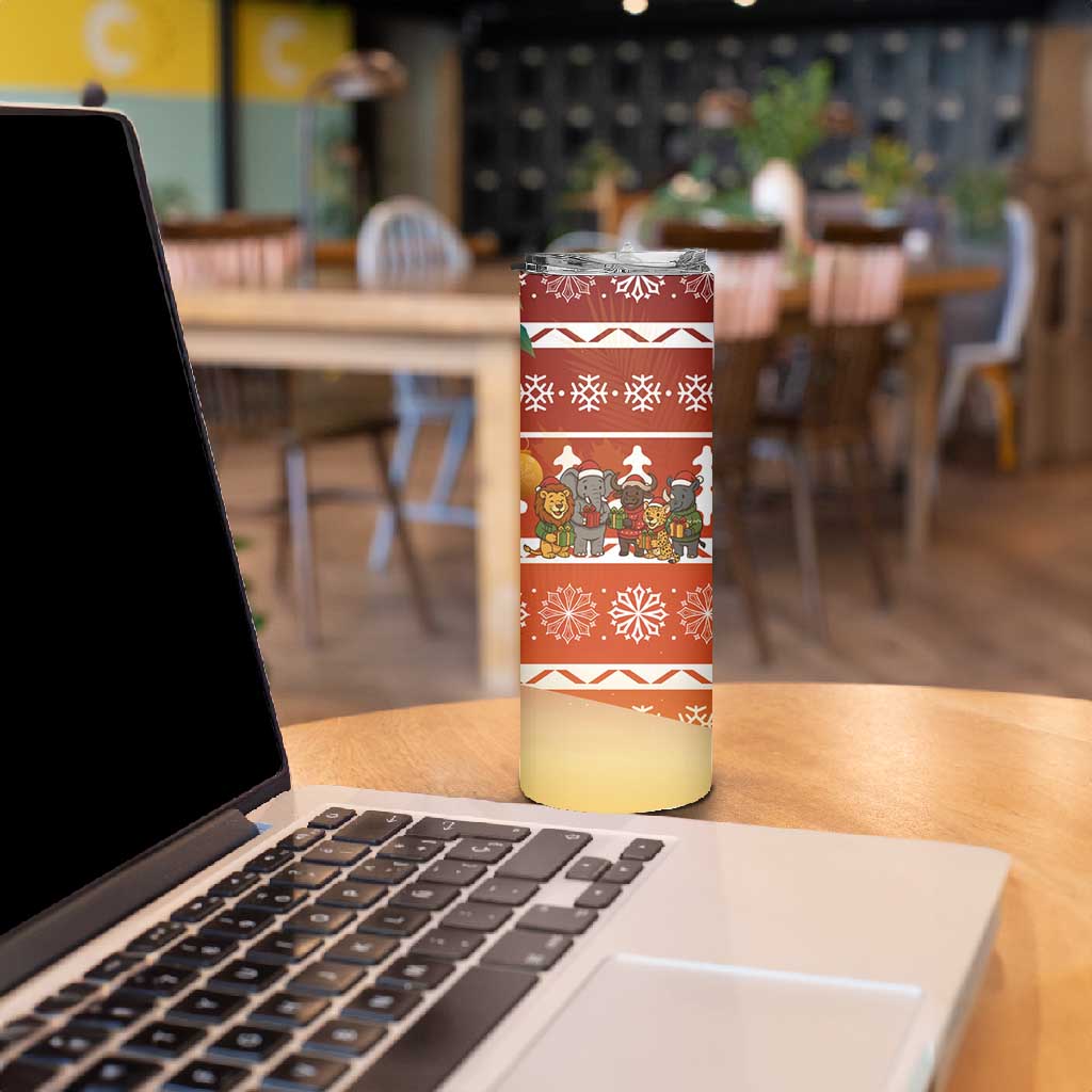 Zambia Christmas Skinny Tumbler African Animals Tree Snowflakes and National Emblem - African Pride