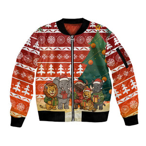 Zambia Christmas Sleeve Zip Bomber Jacket African Animals Tree Snowflakes and National Emblem - African Pride