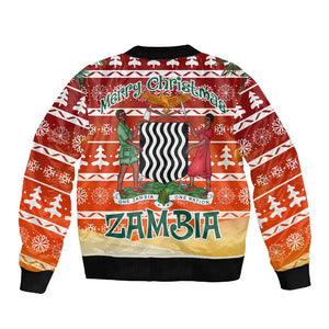Zambia Christmas Sleeve Zip Bomber Jacket African Animals Tree Snowflakes and National Emblem - African Pride
