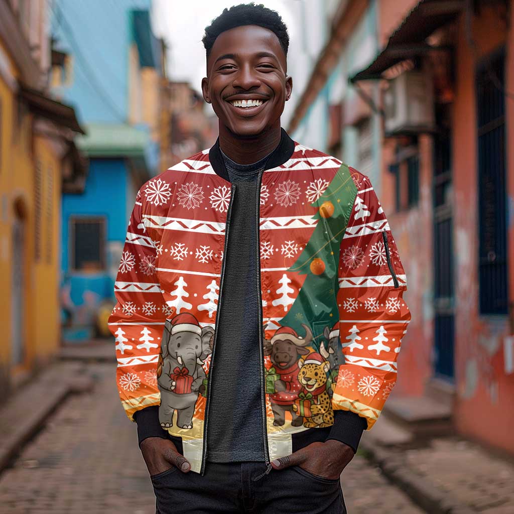 Zambia Christmas Sleeve Zip Bomber Jacket African Animals Tree Snowflakes and National Emblem - African Pride