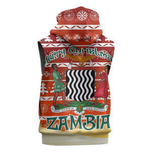 Zambia Christmas Sleeveless Hoodie African Animals Tree Snowflakes and National Emblem - African Pride