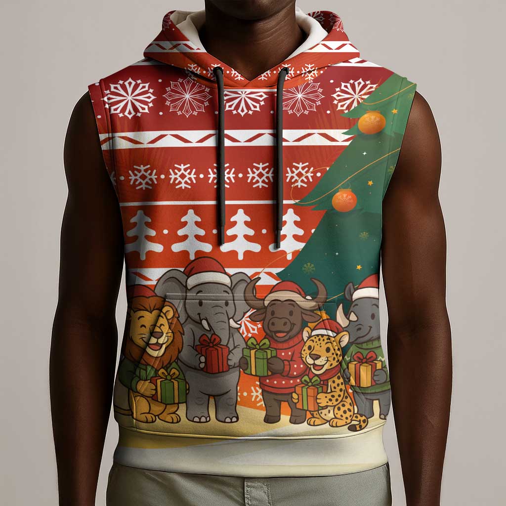 Zambia Christmas Sleeveless Hoodie African Animals Tree Snowflakes and National Emblem - African Pride