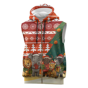 Zambia Christmas Sleeveless Zip Hoodie African Animals Tree Snowflakes and National Emblem - African Pride