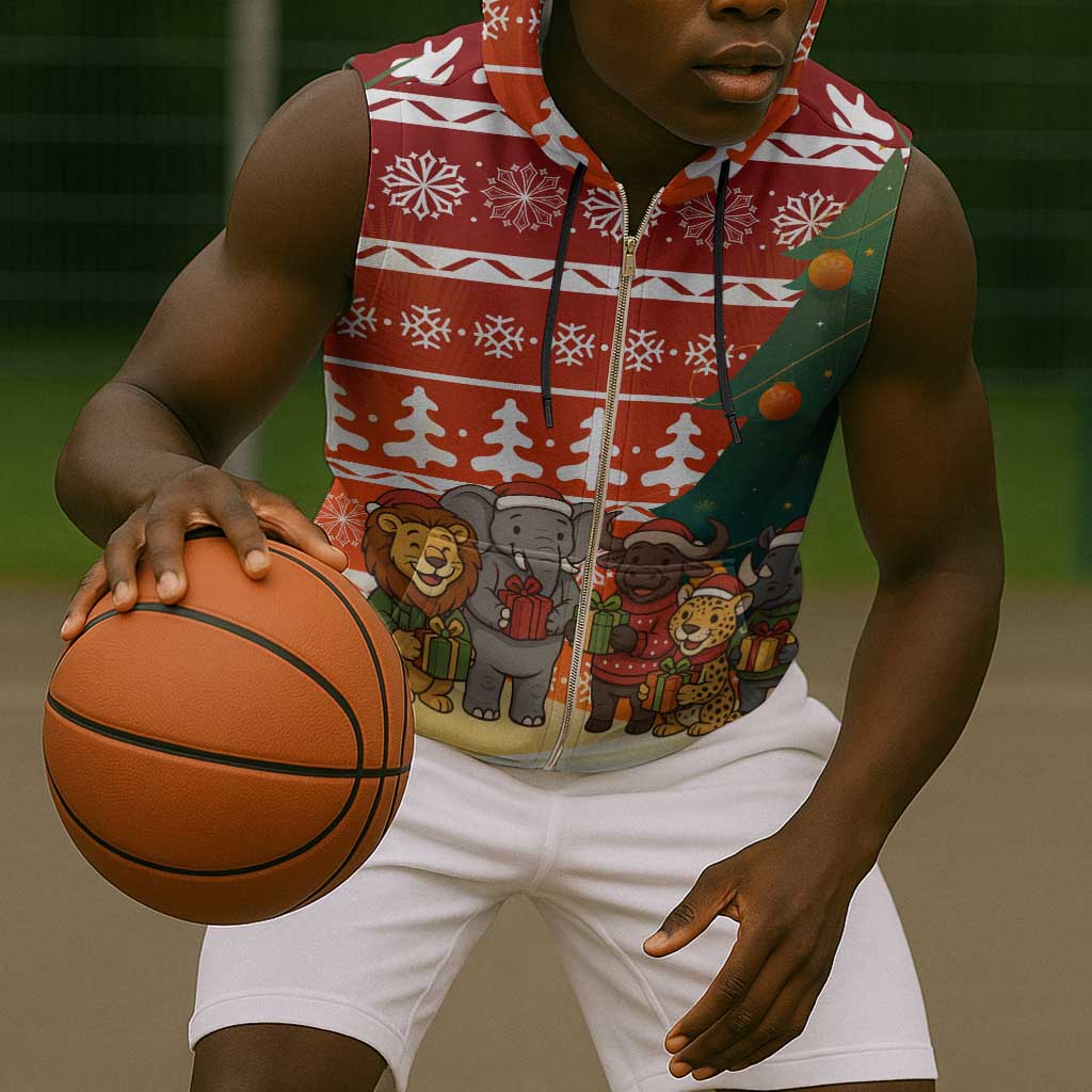 Zambia Christmas Sleeveless Zip Hoodie African Animals Tree Snowflakes and National Emblem - African Pride