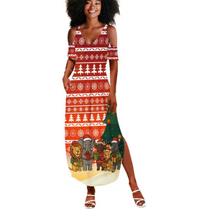Zambia Christmas Summer Maxi Dress African Animals Tree Snowflakes and National Emblem - African Pride