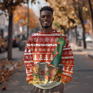 Zambia Christmas Sweatshirt African Animals Tree Snowflakes and National Emblem - African Pride