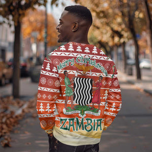 Zambia Christmas Sweatshirt African Animals Tree Snowflakes and National Emblem - African Pride