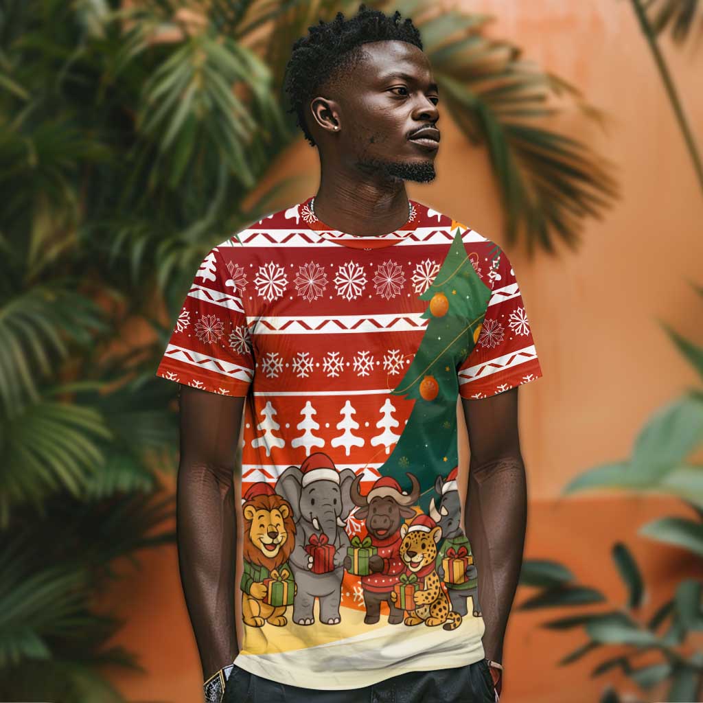Zambia Christmas T shirt African Animals Tree Snowflakes and National Emblem - African Pride
