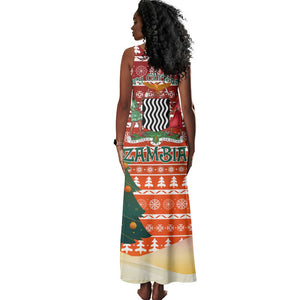 Zambia Christmas Tank Maxi Dress African Animals Tree Snowflakes and National Emblem - African Pride