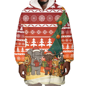 Zambia Christmas Wearable Blanket Hoodie African Animals Tree Snowflakes and National Emblem - African Pride