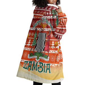 Zambia Christmas Wearable Blanket Hoodie African Animals Tree Snowflakes and National Emblem - African Pride