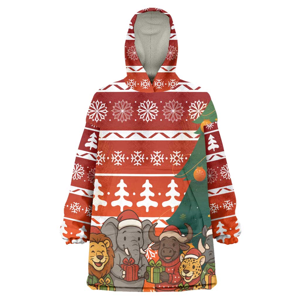 Zambia Christmas Wearable Blanket Hoodie African Animals Tree Snowflakes and National Emblem - African Pride