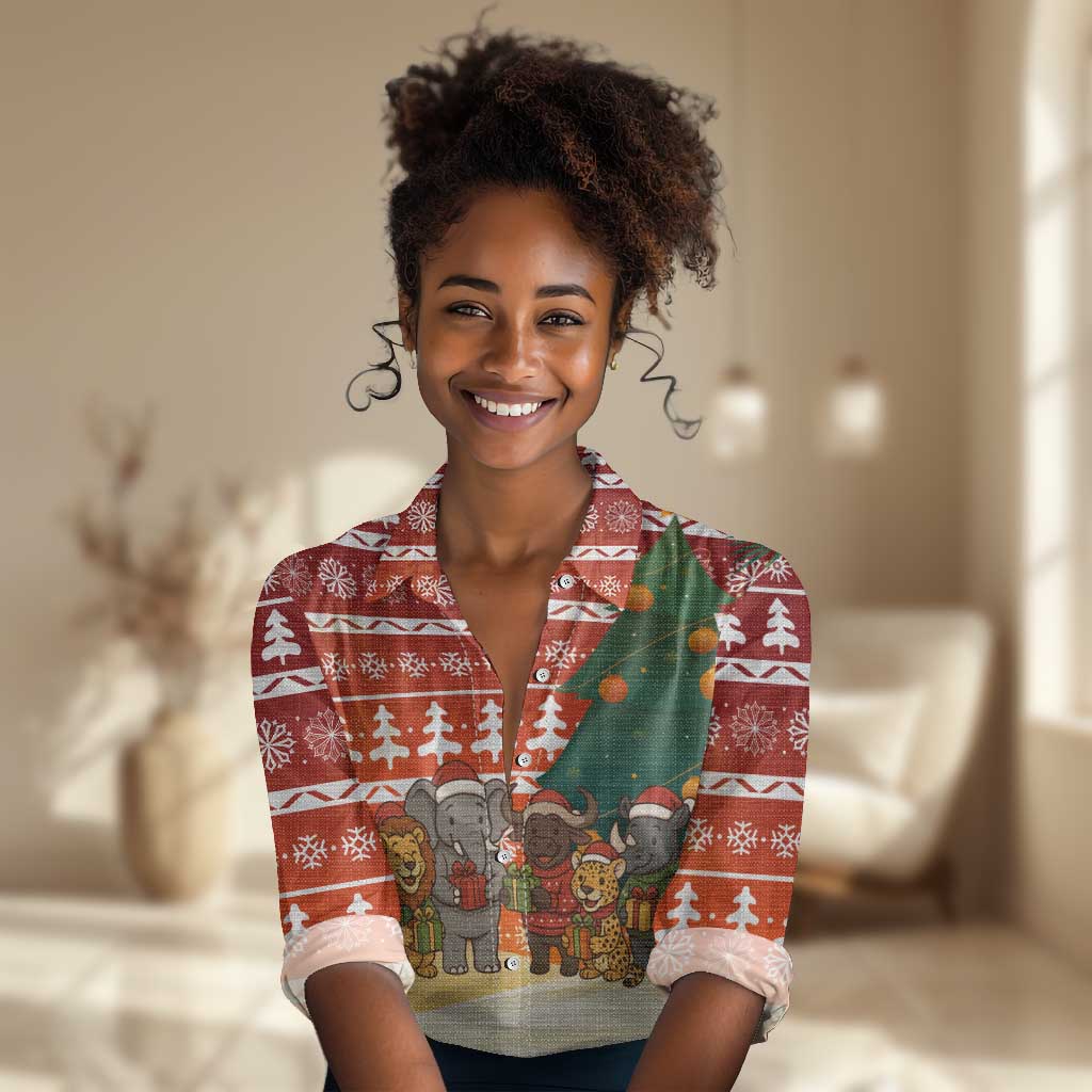 Zambia Christmas Women Casual Shirt African Animals Tree Snowflakes and National Emblem - African Pride