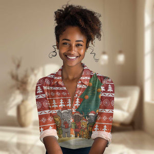 Zambia Christmas Women Casual Shirt African Animals Tree Snowflakes and National Emblem - African Pride