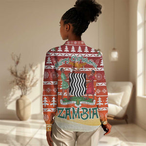 Zambia Christmas Women Casual Shirt African Animals Tree Snowflakes and National Emblem - African Pride