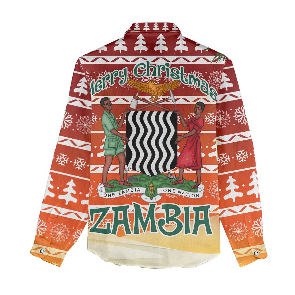Zambia Christmas Women Casual Shirt African Animals Tree Snowflakes and National Emblem - African Pride