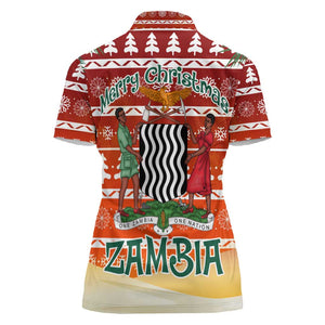 Zambia Christmas Women Polo Shirt African Animals Tree Snowflakes and National Emblem - African Pride