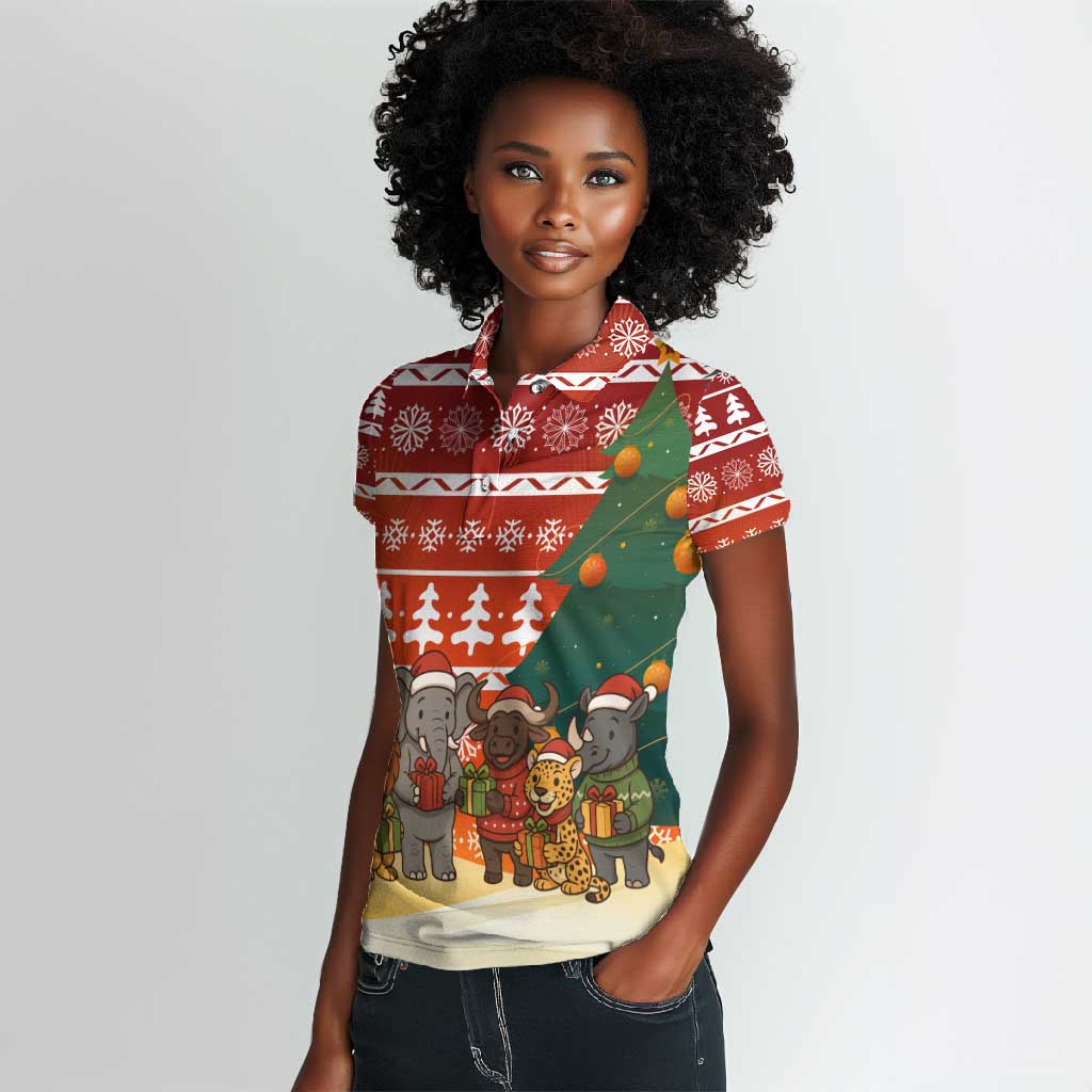 Zambia Christmas Women Polo Shirt African Animals Tree Snowflakes and National Emblem - African Pride