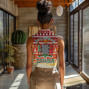 Zambia Christmas Women Sleeveless Polo Shirt African Animals Tree Snowflakes and National Emblem - African Pride
