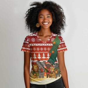 Zambia Christmas Women V-Neck T-Shirt African Animals Tree Snowflakes and National Emblem - African Pride