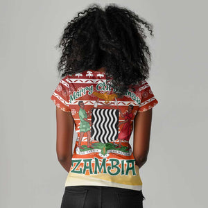 Zambia Christmas Women V-Neck T-Shirt African Animals Tree Snowflakes and National Emblem - African Pride