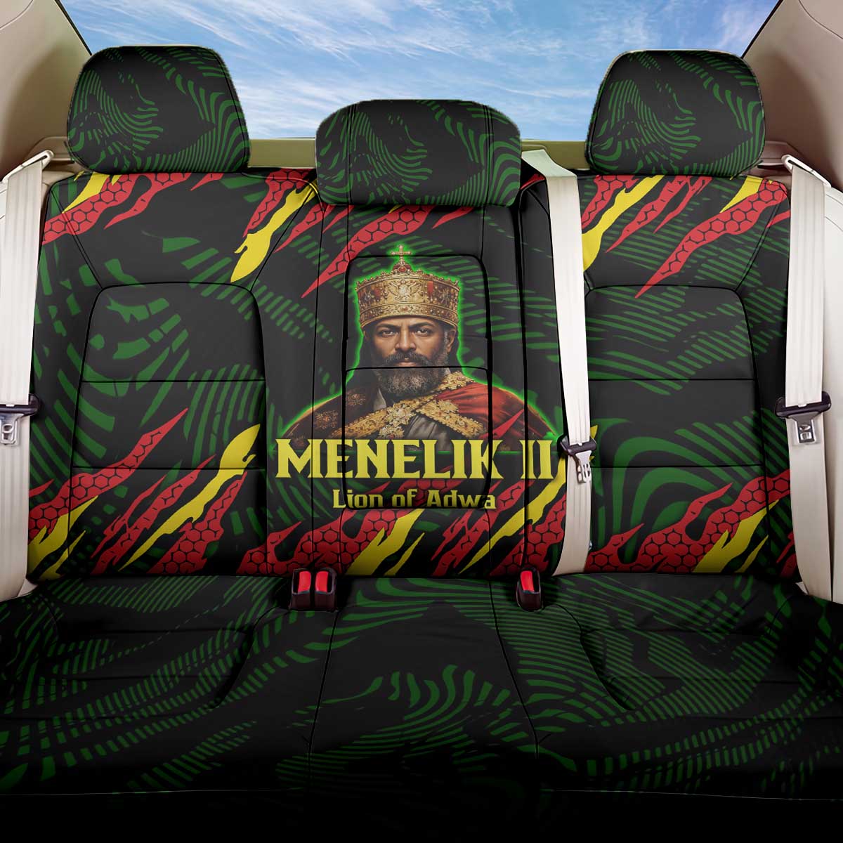 Menelik II Back Car Seat Cover with Lion of Adwa Title, Battle of Adwa 1896 Graphic and Bold Pan-African - African Pride