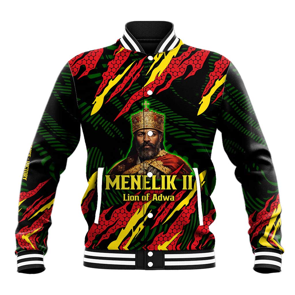 Menelik II Baseball Jacket with Lion of Adwa Title, Battle of Adwa 1896 Graphic and Bold Pan-African - African Pride