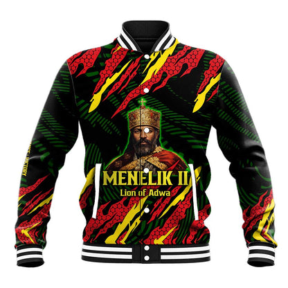 Menelik II Baseball Jacket with Lion of Adwa Title, Battle of Adwa 1896 Graphic and Bold Pan-African - African Pride