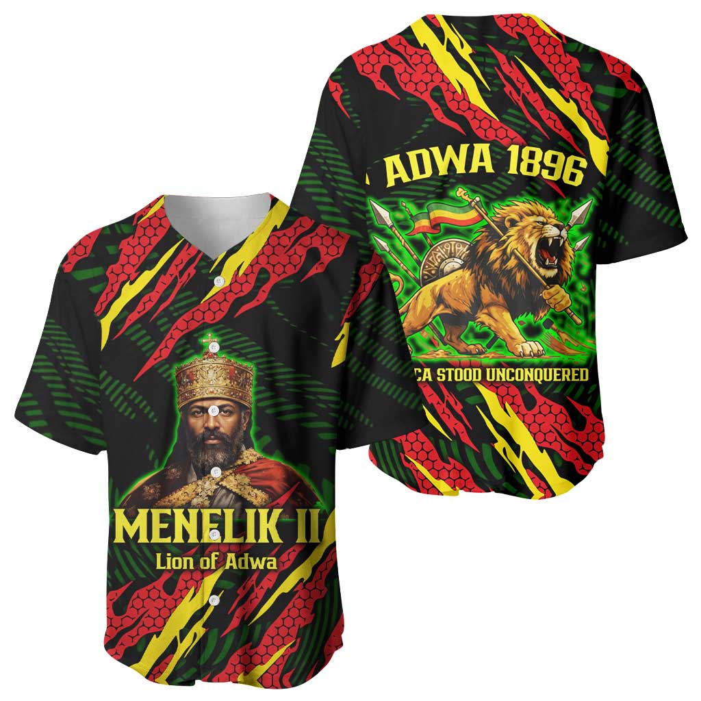 Menelik II Baseball Jersey with Lion of Adwa Title, Battle of Adwa 1896 Graphic and Bold Pan-African - African Pride